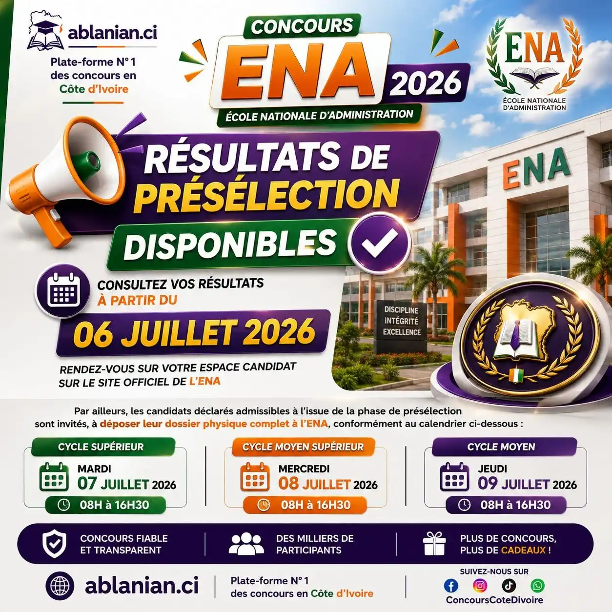 Lire la suite à propos de l’article ENA RESULTATS CYCLES MOYEN, MOYEN SUPERIEUR ET SUPERIEUR ICI 2026