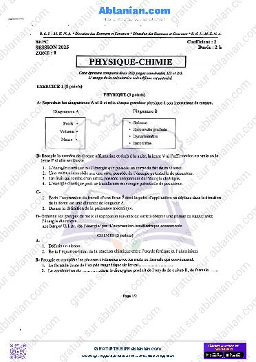 Première page : SUJET BEPC 2025 PHYSIQUE CHIMIE ET CORRECTIONS zone I