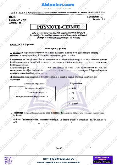 Première page : SUJET BEPC 2025 PHYSIQUE CHIMIE ET CORRECTIONS zone II