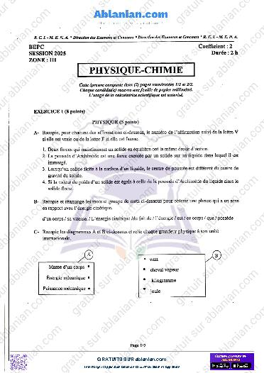 Première page : SUJET BEPC 2025 PHYSIQUE CHIMIE ET CORRECTIONS zone III