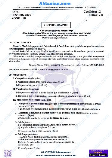 Première page : BEPC 2025 ORTHOGRAPHE zone III