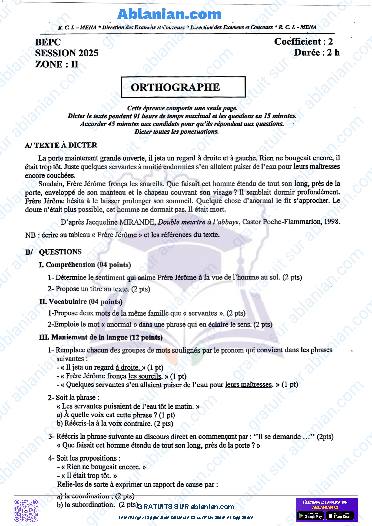 Première page : BEPC 2025 ORTHOGRAPHE zone II