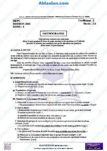 Première page : BEPC 2025 ORTHOGRAPHE zone I