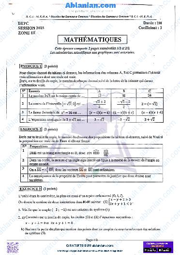 Première page : SUJET BEPC 2025 MATHÉMATIQUES zone III