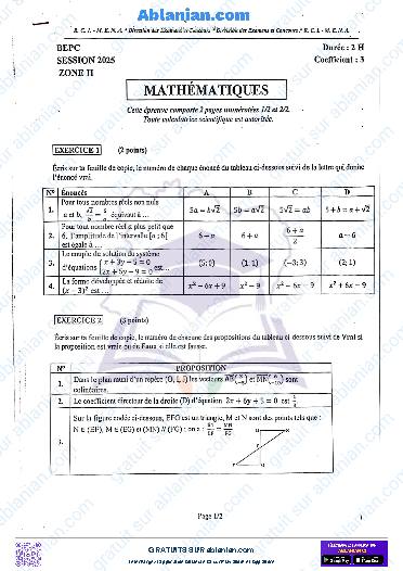 Première page : SUJET BEPC 2025 MATHÉMATIQUES zone II