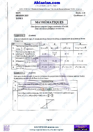 Première page : SUJET BEPC 2025 MATHÉMATIQUES zone I