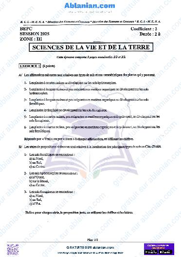 Première page : SUJET BEPC 2025 SVT zone III