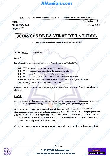 Première page : SUJET BEPC 2025 SVT zone II