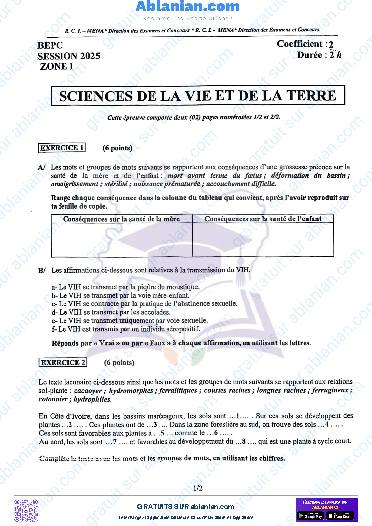 Première page : SUJET BEPC 2025 SVT zone I