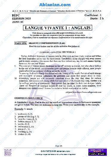 Première page : SUJET BEPC 2025 ANGLAIS zone III