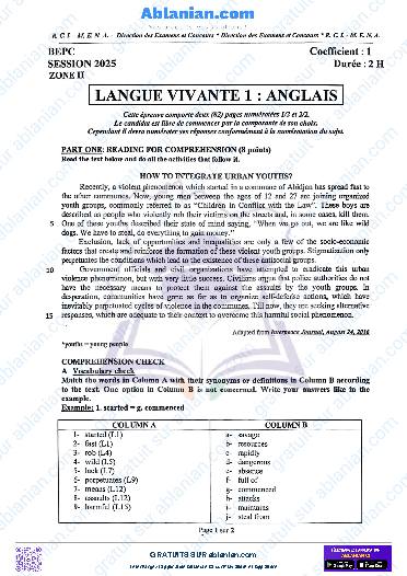 Première page : SUJET BEPC 2025 ANGLAIS zone II