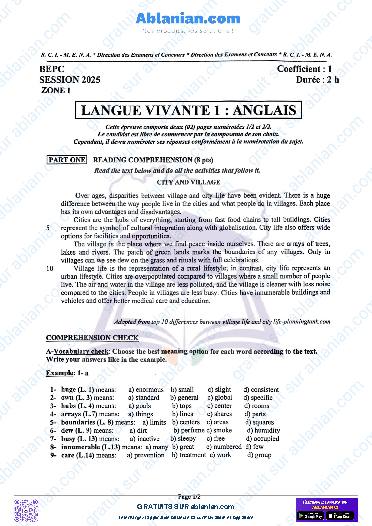 Première page : SUJET BEPC 2025 ANGLAIS zone I