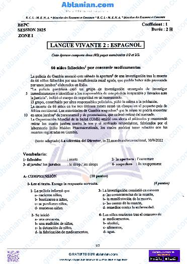 Première page : SUJET BEPC 2025 ESPAGNOL zone I, II et III