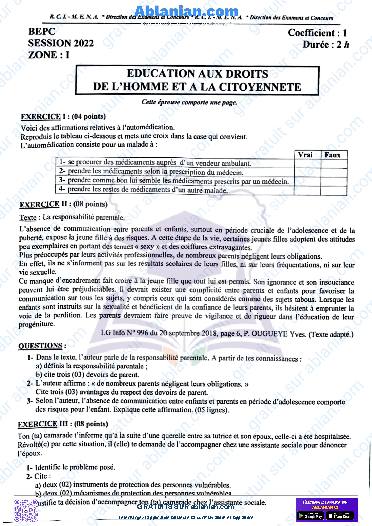 Première page : SUJET BEPC 2022 EDHC zone I