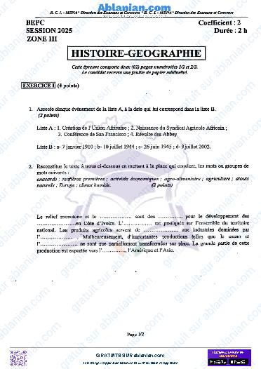 Première page : SUJET BEPC 2025 Histoire-Géographie zone III