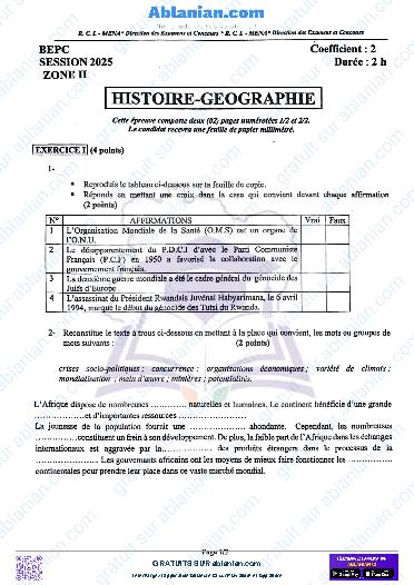 Première page : SUJET BEPC 2025 Histoire-Géographie zone II