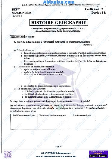 Première page : SUJET BEPC 2025 Histoire-Géographie zone I