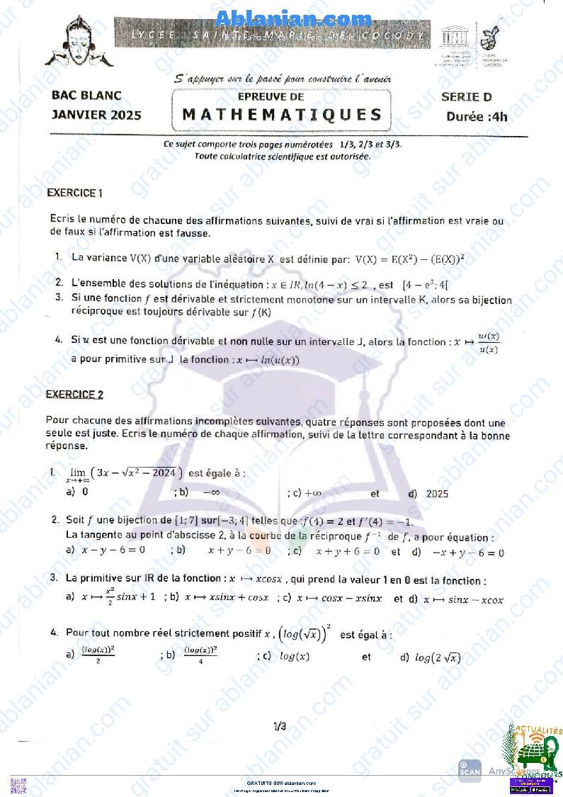 Première page : SUJET BAC C et D Examen blanc Sainte Marie 2025