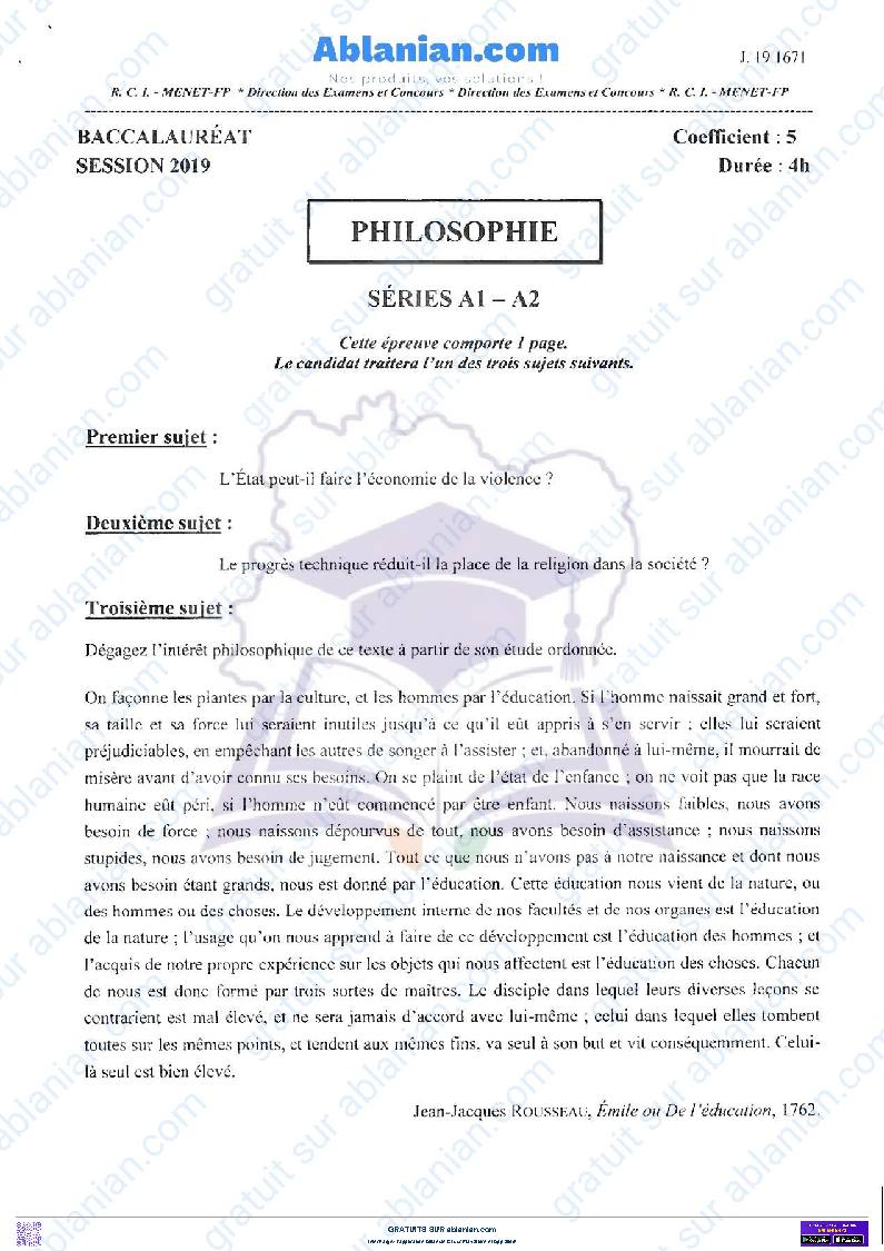 Première page : SUJET BAC 2019 PHILOSOPHIE A1 et A2 PDF