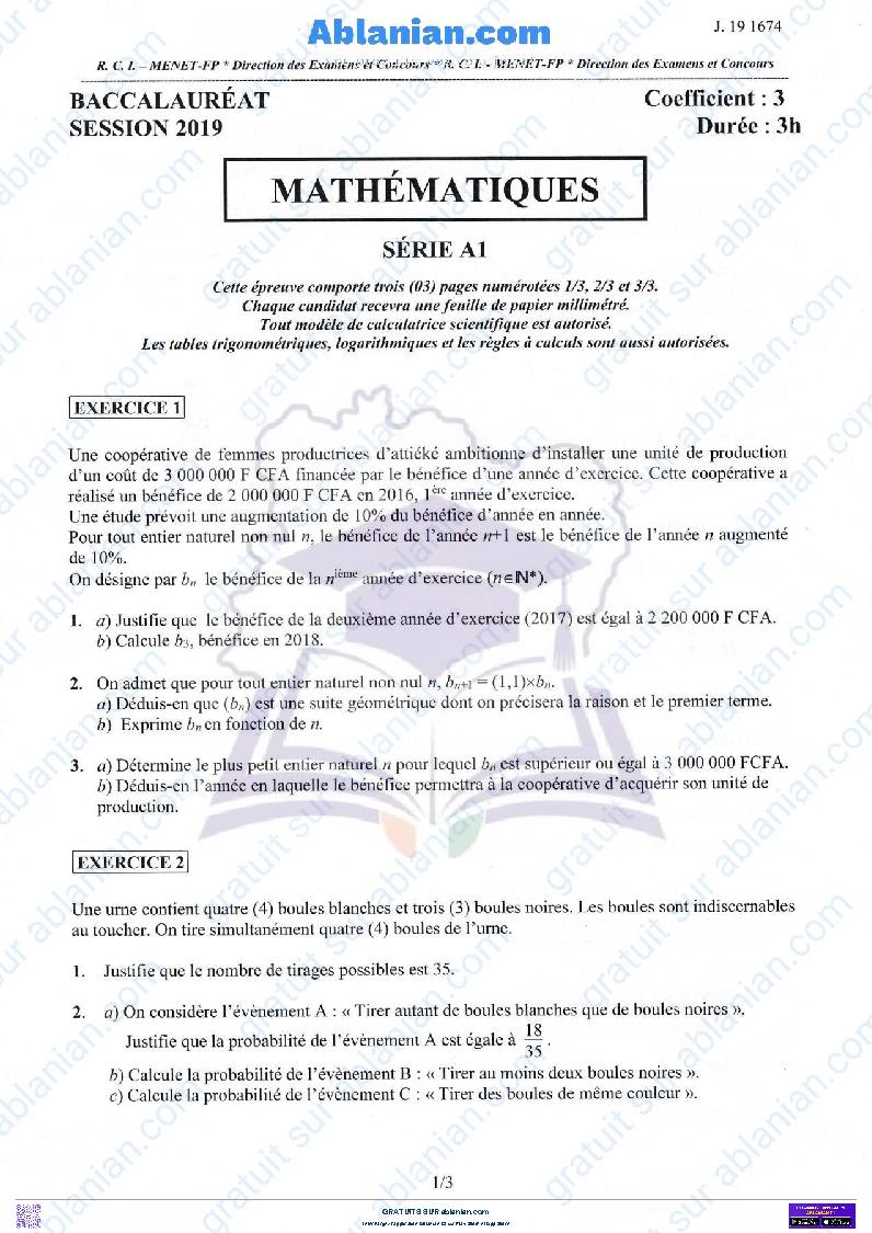 Première page : SUJET BAC 2019 MATHEMATIQUE serie A2 PDF