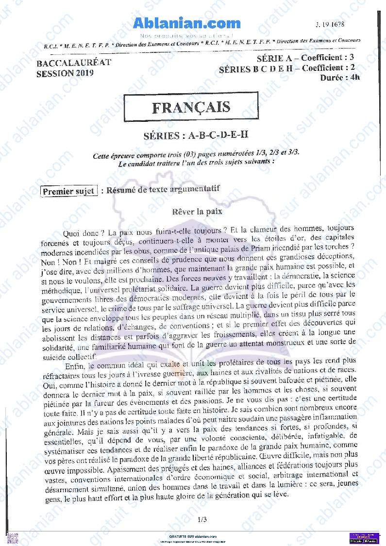 Première page : SUJET BAC 2019 FRANCAIS série A, B, C, D, E et F PDF