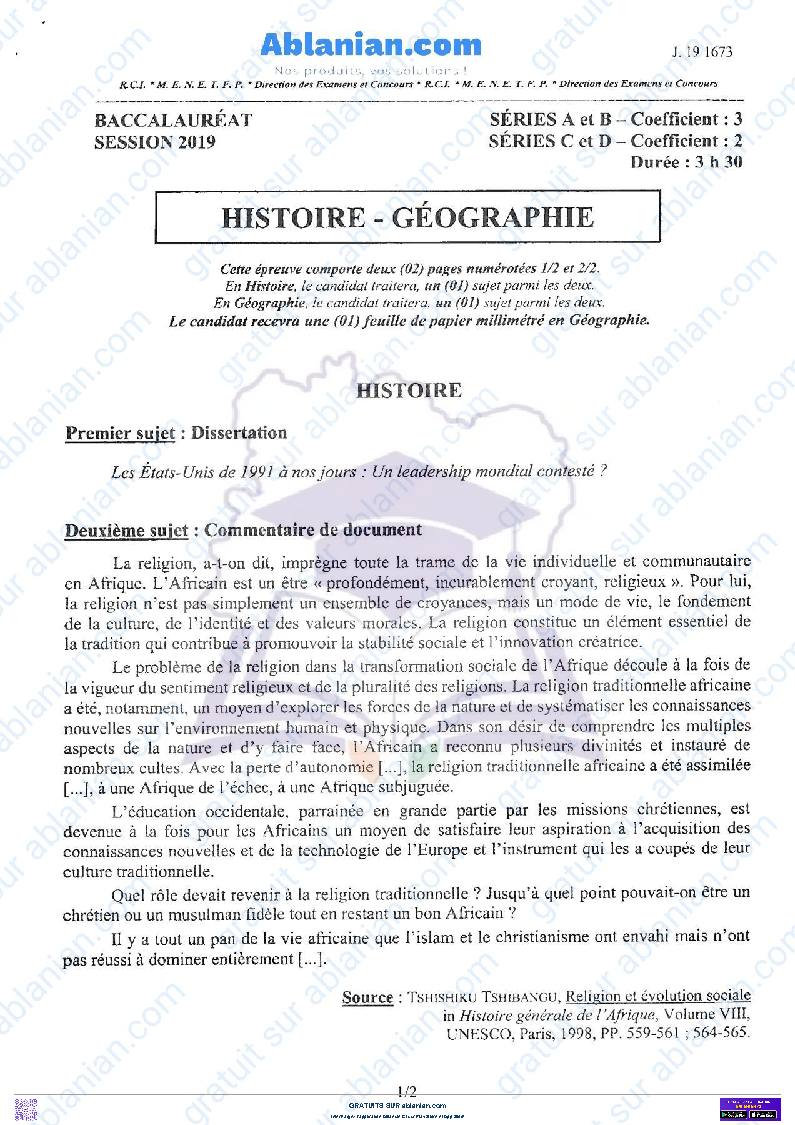 Première page : SUJET BAC 2019 HISTOIRE GEOGRAPHIE série A, B, C, et D PDF