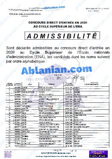 Première page : Résultats présélection ENA cycle Supérieur en PDF