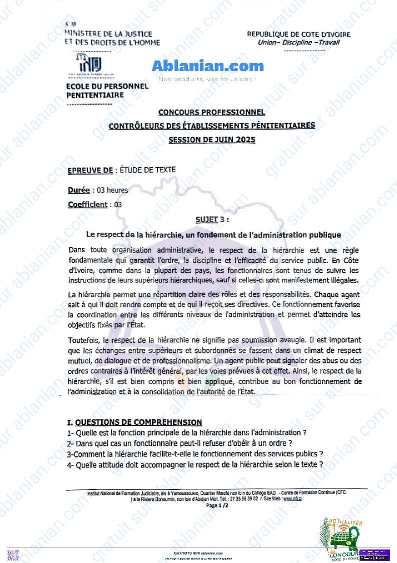 Première page : Ancien Sujet CP INFJ Cycle Moyen de l&rsquo;école du personnel pénitentiaire 2025