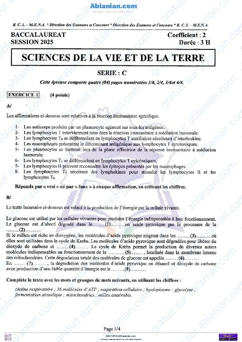 Première page : BAC 2025 Côte d&rsquo;Ivoire SUJET BAREME SVT SERIE C CORRECTIONS PDF