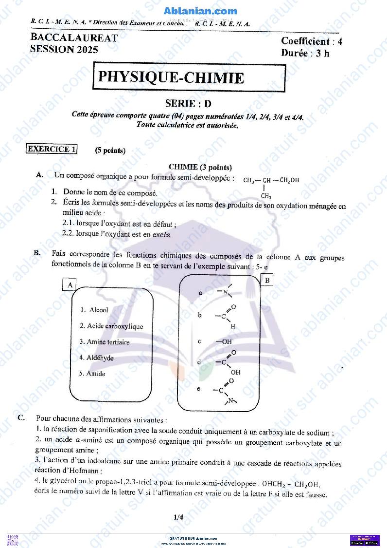 Première page : BAC 2025 Côte d&rsquo;Ivoire SUJET BAREME PHYSIQUE CHIMIE SERIE D