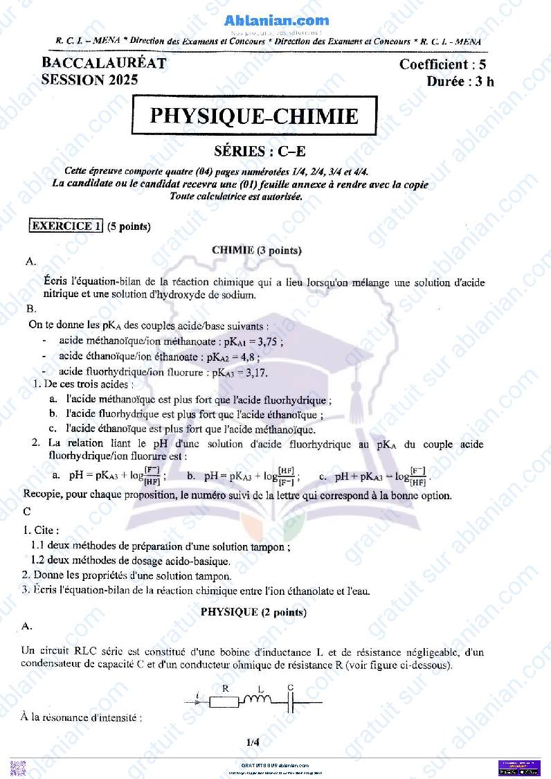 Première page : BAC 2025 Côte d&rsquo;Ivoire SUJET BAREME PHYSIQUE CHIMIE SERIE C et E