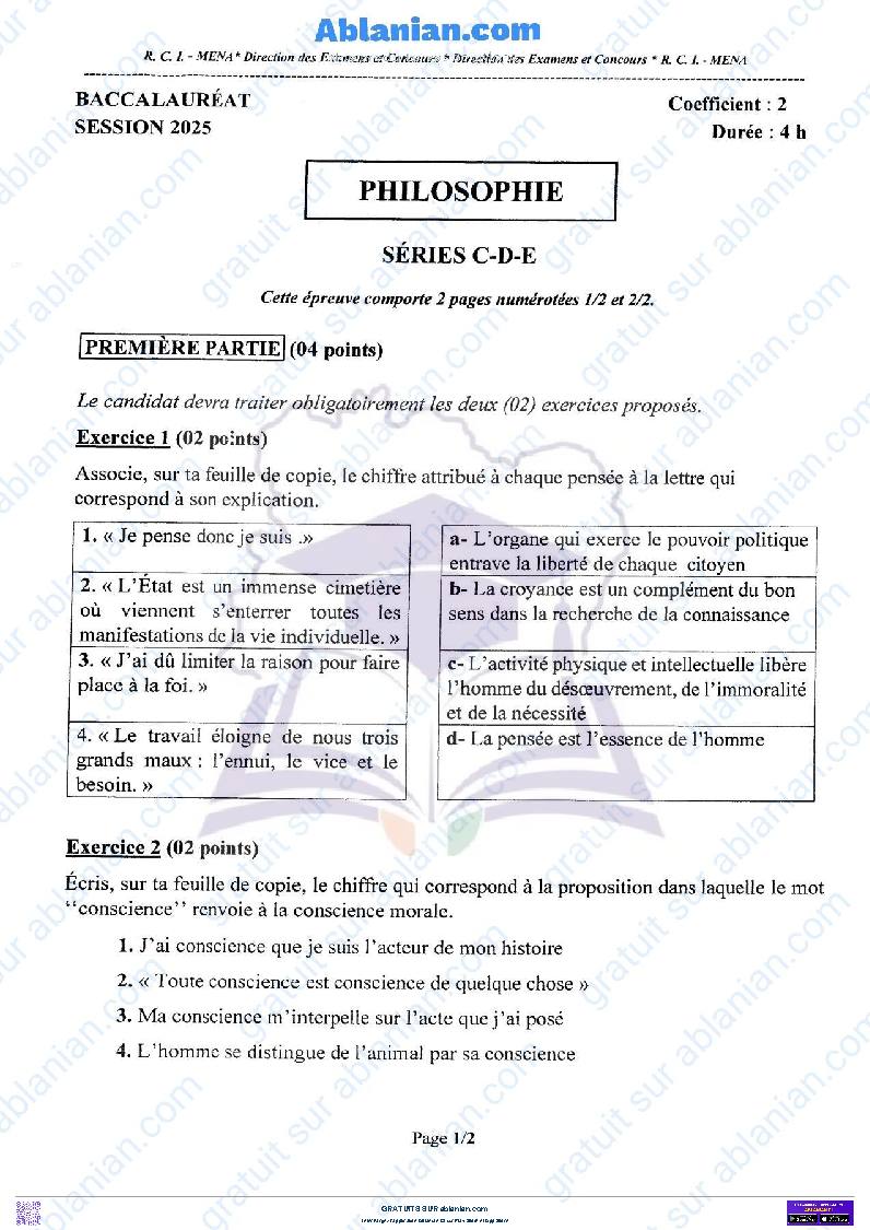 Première page : BAC 2025 Côte d&rsquo;Ivoire SUJET BAREME PHILOSOPHIE SERIE C, D et E