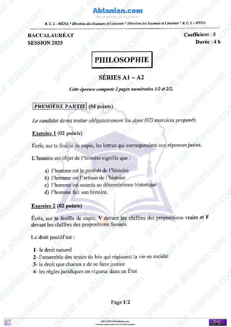 Première page : BAC 2025 Côte d&rsquo;Ivoire SUJET BAREME PHILOSOPHIE SERIE A