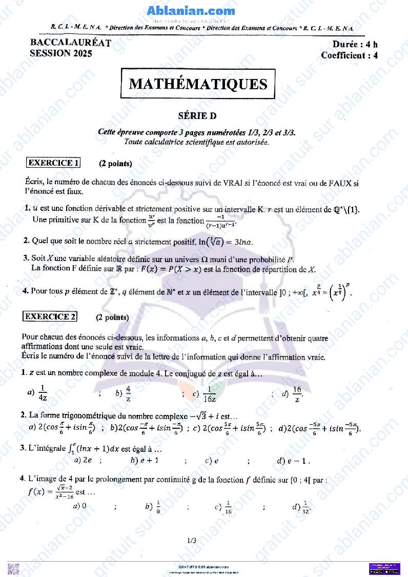 Première page : BAC 2025 Côte d&rsquo;Ivoire SUJET BAREME MATHEMATIQUES SERIE D