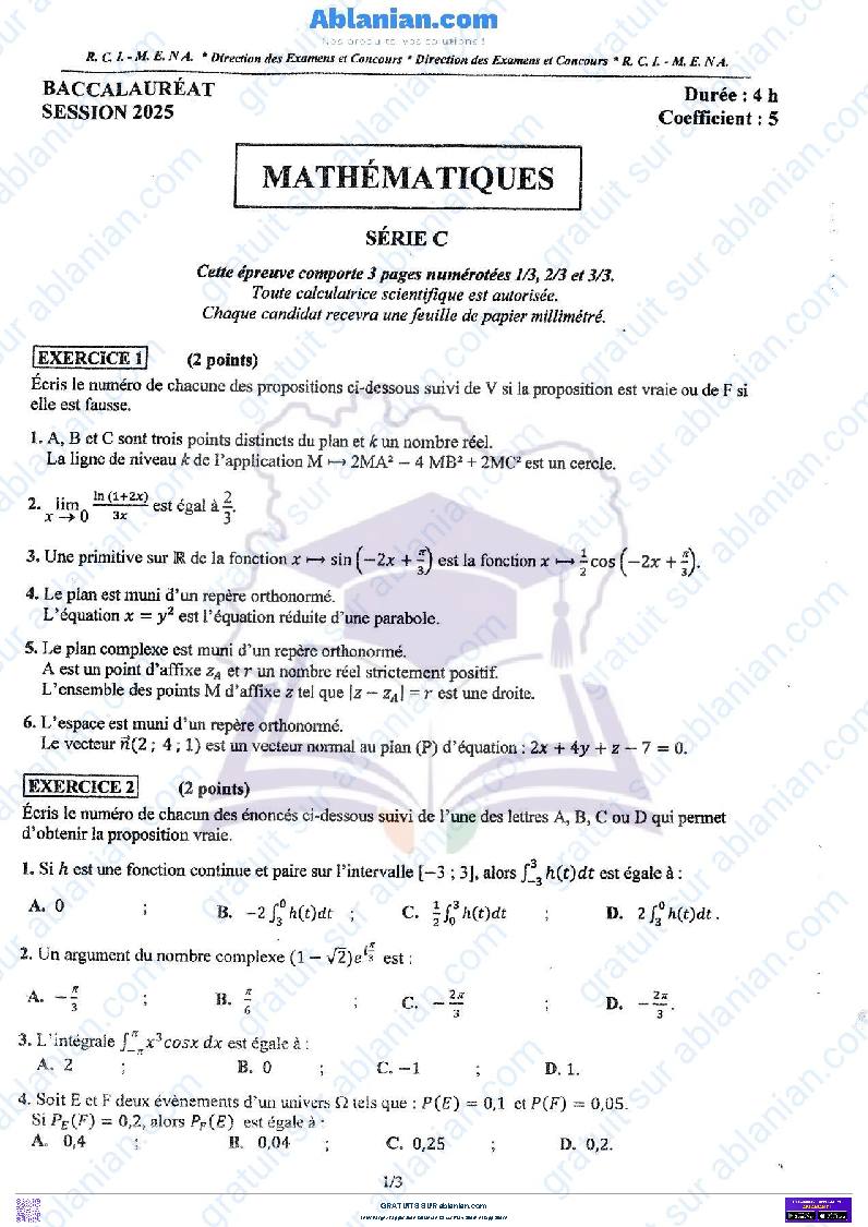 Première page : BAC 2025 Côte d&rsquo;Ivoire SUJET BAREME MATHEMATIQUES SERIE C