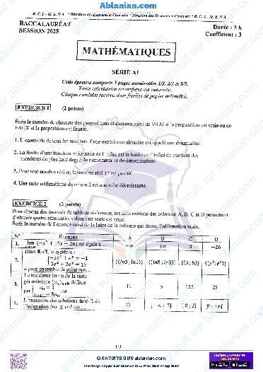 Première page : BAC 2025 Côte d&rsquo;Ivoire SUJET BAREME MATHEMATIQUES SERIE A1