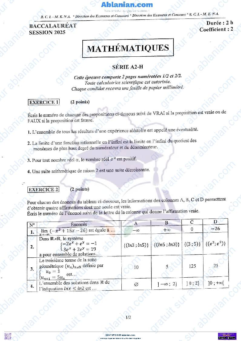 Première page : BAC 2025 Côte d&rsquo;Ivoire SUJET BAREME MATHEMATIQUES SERIE A2 et H