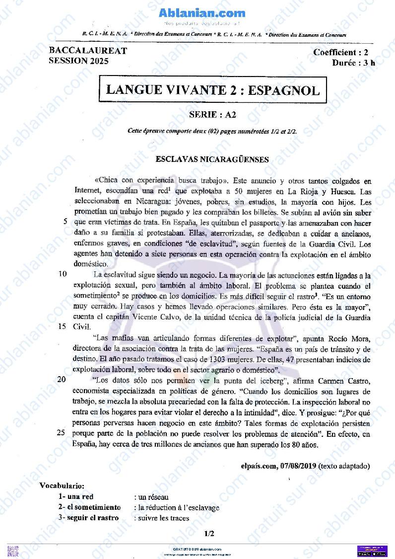 Première page : BAC 2025 Côte d&rsquo;Ivoire SUJET BAREME LV2 ESPAGNOL SERIE A2