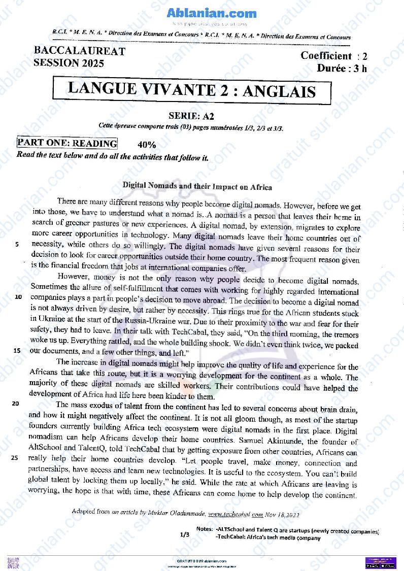 Première page : BAC 2025 Côte d&rsquo;Ivoire SUJET BAREME LV2 ANGLAIS SERIE A2