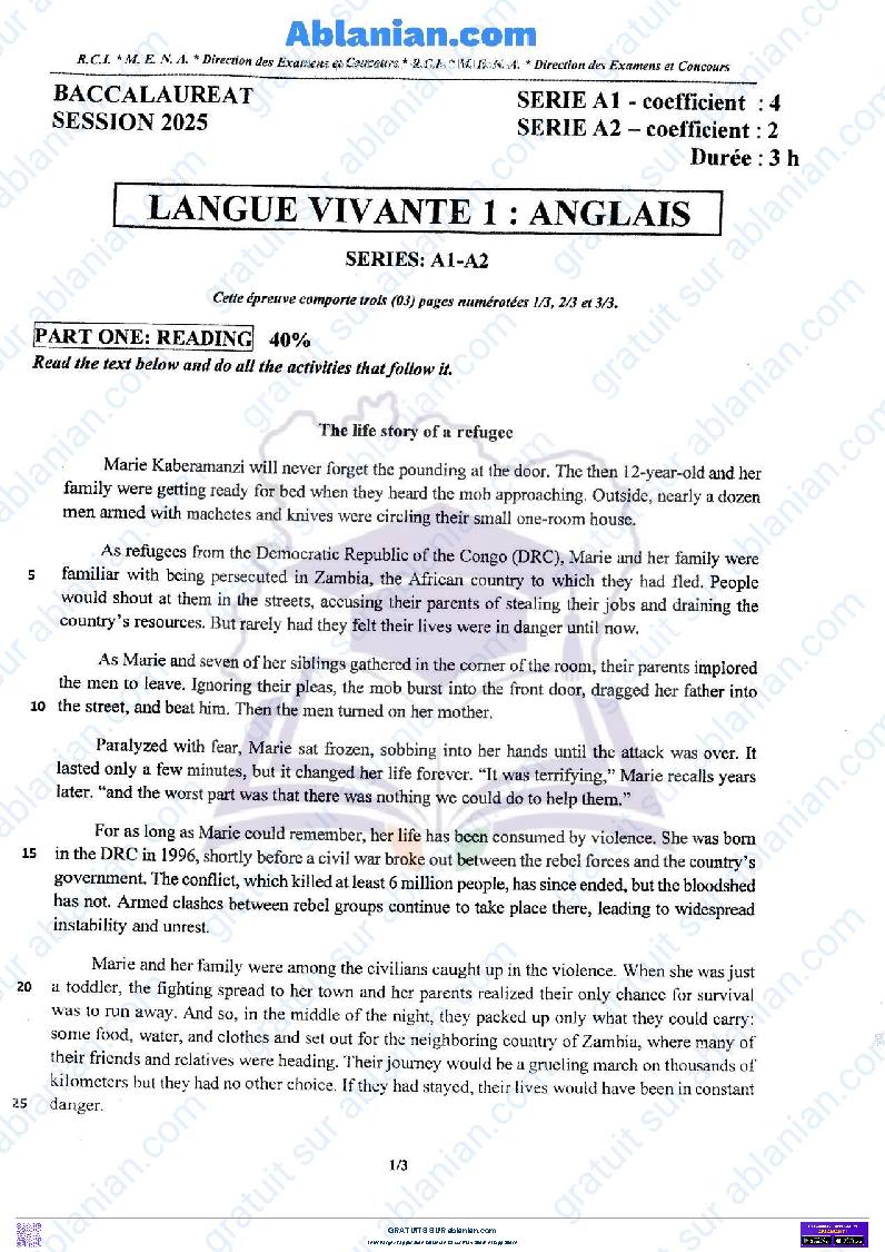 Première page : BAC 2025 Côte d&rsquo;Ivoire SUJET BAREME LV1 ANGLAIS SERIE A1&2
