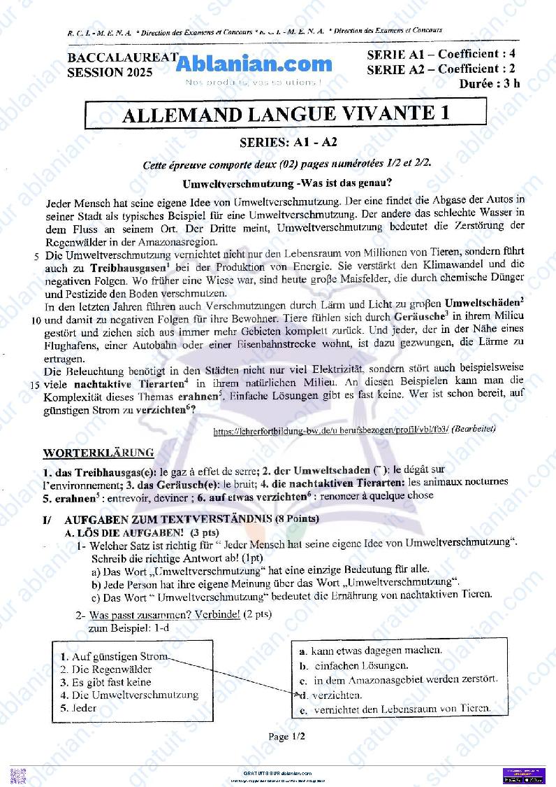 Première page : BAC 2025 Côte d&rsquo;Ivoire SUJET BAREME LV1 ALLEMAND SERIE A1 et A2