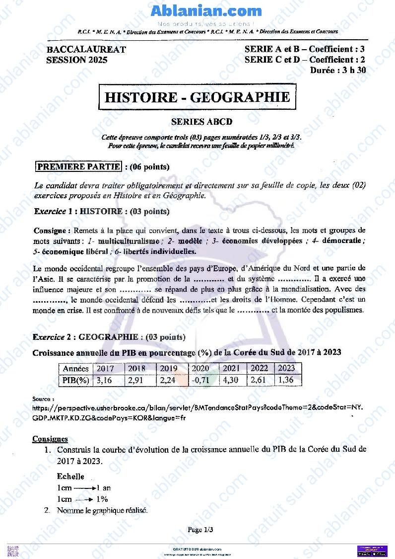 Première page : BAC 2025 Côte d&rsquo;Ivoire SUJET BAREME HISTOIRE GEOGRAPHIE SERIE A, B, C et D