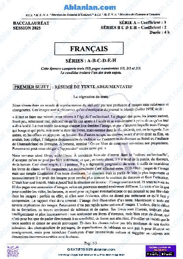Première page : BAC 2025 Côte d&rsquo;Ivoire SUJET BAREME Français RESUME DE TEXTE SERIE SERIE A, B, C, D, et H