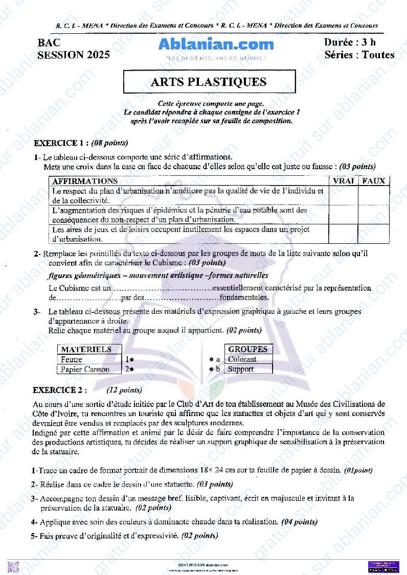 Première page : BAC 2025 Côte d&rsquo;Ivoire SUJET BAREME ARTS PLASTIQUES
