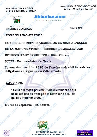 Première page : 2025 MAGISTRATURE INFJ DROIT CIVIL PDF