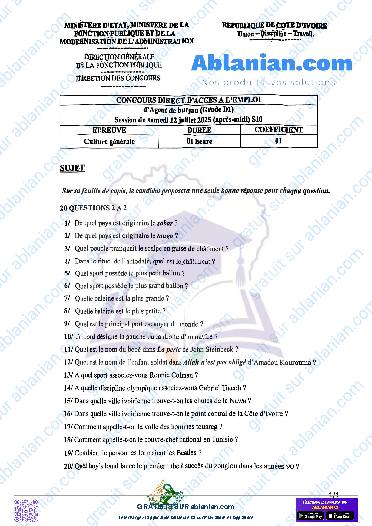 Première page : Culture générale Agent de bureau 2025 PDF