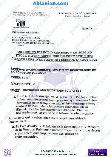 Première page : INFJ 2025 DES CONSEILLERS D&rsquo;EDUCATION SURVEILLEE CMS statut et DEONTOLOGIE de la fonction publique PDF