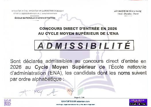 Première page : Résultats ENA cycle Moyen Supérieur (session écrite) 2025 PDF