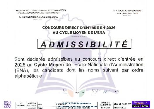 Première page : Résultats ENA cycle Moyen (session écrite) 2025 PDF