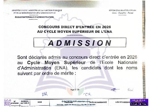 Première page : Résultats définitifs ENA Cycle Moyen Supérieur 2025 PDF oral